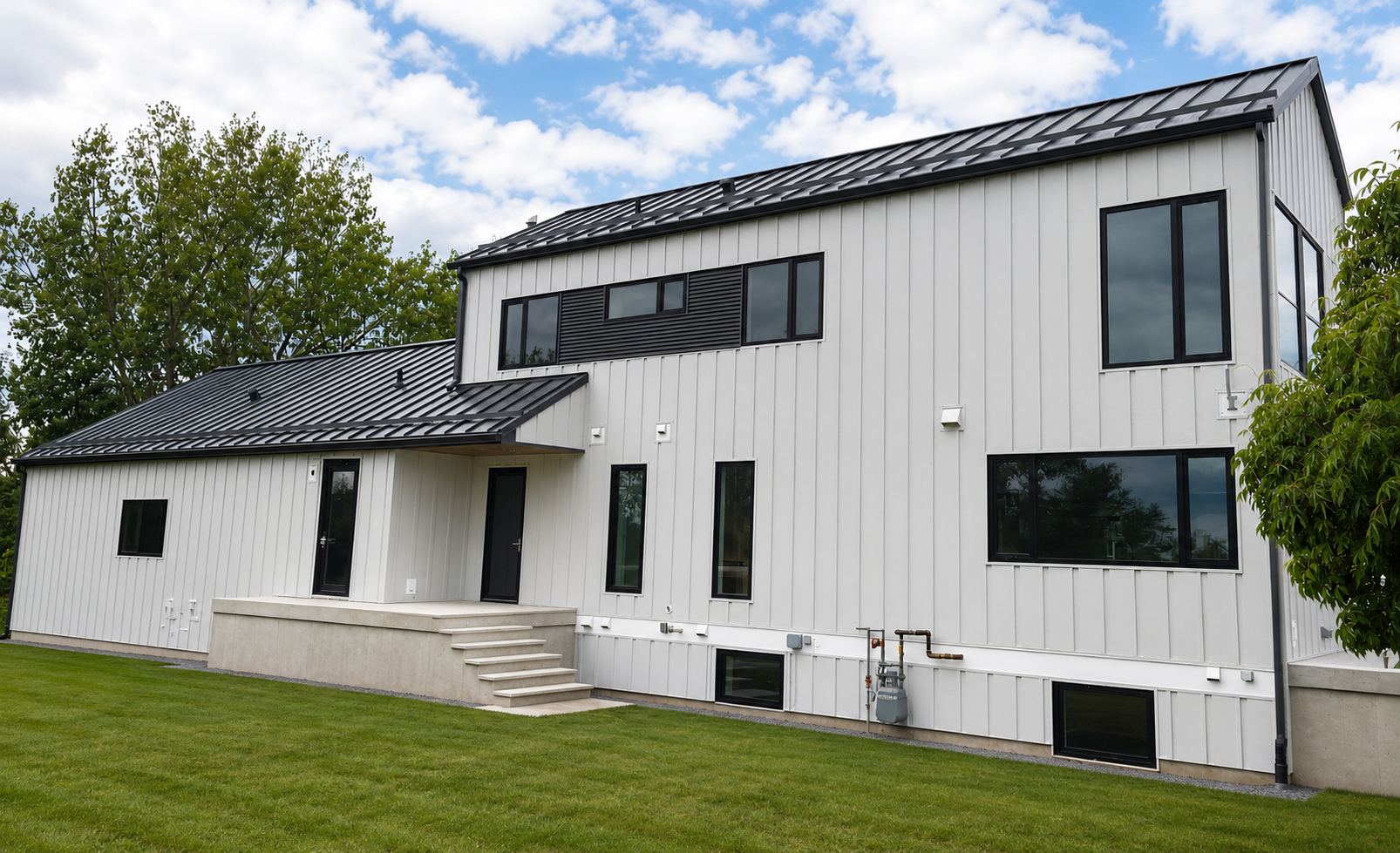 Modern two-story home clad in white seamless board-and-batten metal siding