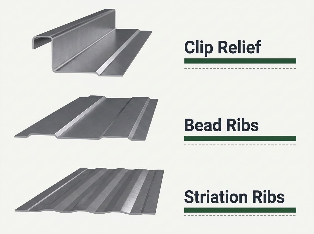 Standing seam panel options: clip relief, bead ribs, and striation ribs