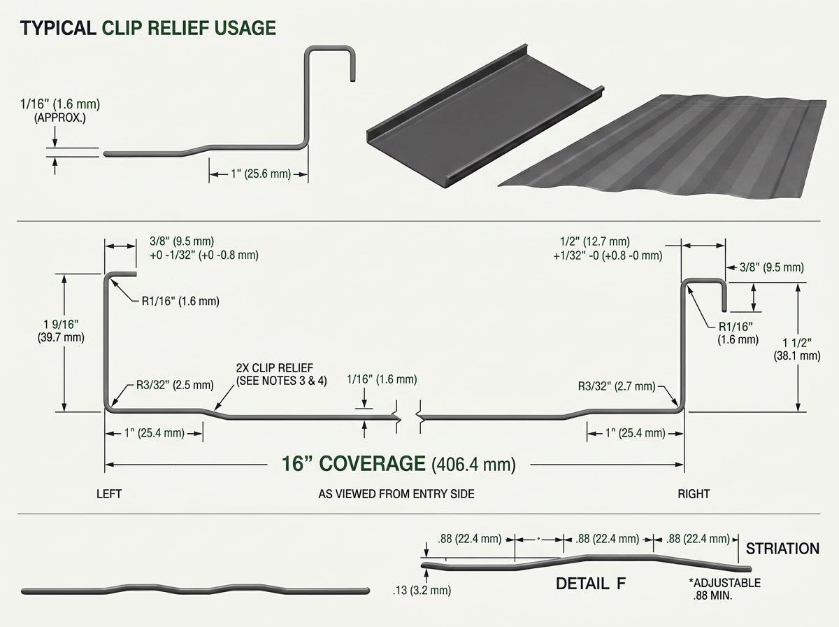 Standing seam technical drawing: 16 inch coverage with 1.5 inch leg height and clip relief detail